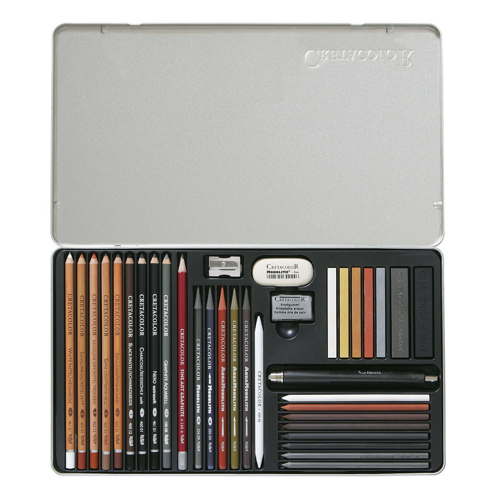Cretacolor Ultimo, Comprehensive Artist Sketching and Drawing Set of 35 pc in tin box