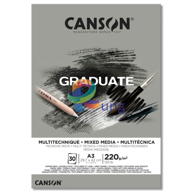 Blocco Canson Graduate A3 Tecniche Miste - 30 Fogli Grigi 220g/m², Doppia Texture Ruvida/Liscia - Foto 3