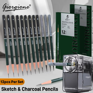 Giorgione Professional Drawing Pencil Set ,Sketch Pencils Set For Artist Students Drawing 12 pcs including 3 pc mix Charcoal . soft medium & Hard