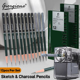 Giorgione Professional Drawing Pencil Set ,Sketch Pencils Set For Artist Students Drawing 12 pcs including 3 pc mix Charcoal . soft medium & Hard