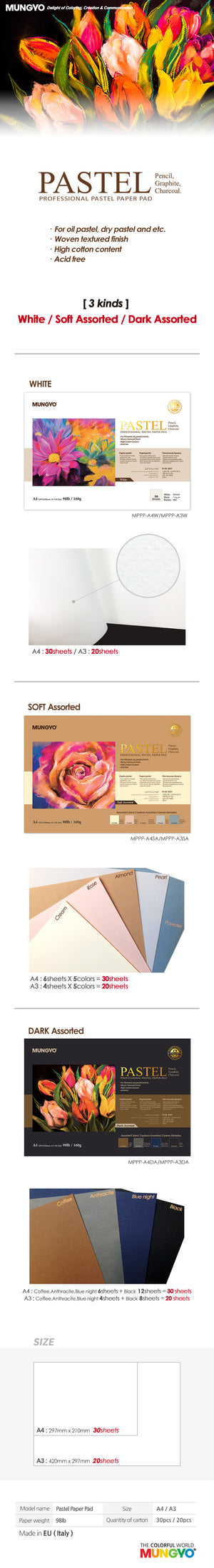 Mungyo Professional Pastel Paper Pad A4 Size for Oil Pastel, Dry Pastel, Pencil & Graphite 30 Sheets . Soft Assorted Color Sheets