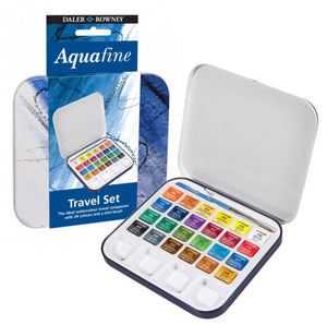 Daler Rowney Aquafine Watercolor Travel Cake Set of 24 Half Pans,  Tin  case