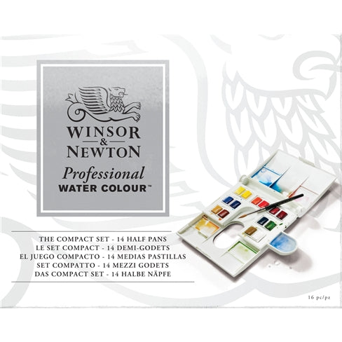 Winsor & Newton Professional Watercolor Compact Cake Set of 14 half pans with Brush