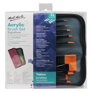 Mont Marte Signature Paint Brush Set - Acrylic Taklon Bristle In Wallet 11pc 