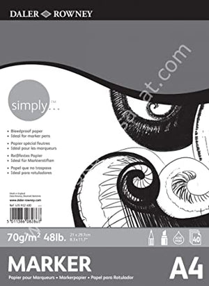 Daler-Rowney Simply Marker Paper Pad, Smooth Surface 70gsm ,Glued 1 Side, 40 Sheets, Ideal for Entry-Level Artists & Hobbyists
