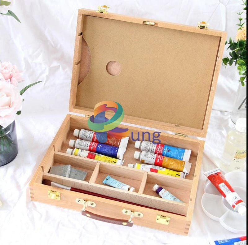 Wooden Artist Brush Box For Watercolor Oil And Acrylic Painting. With Palette